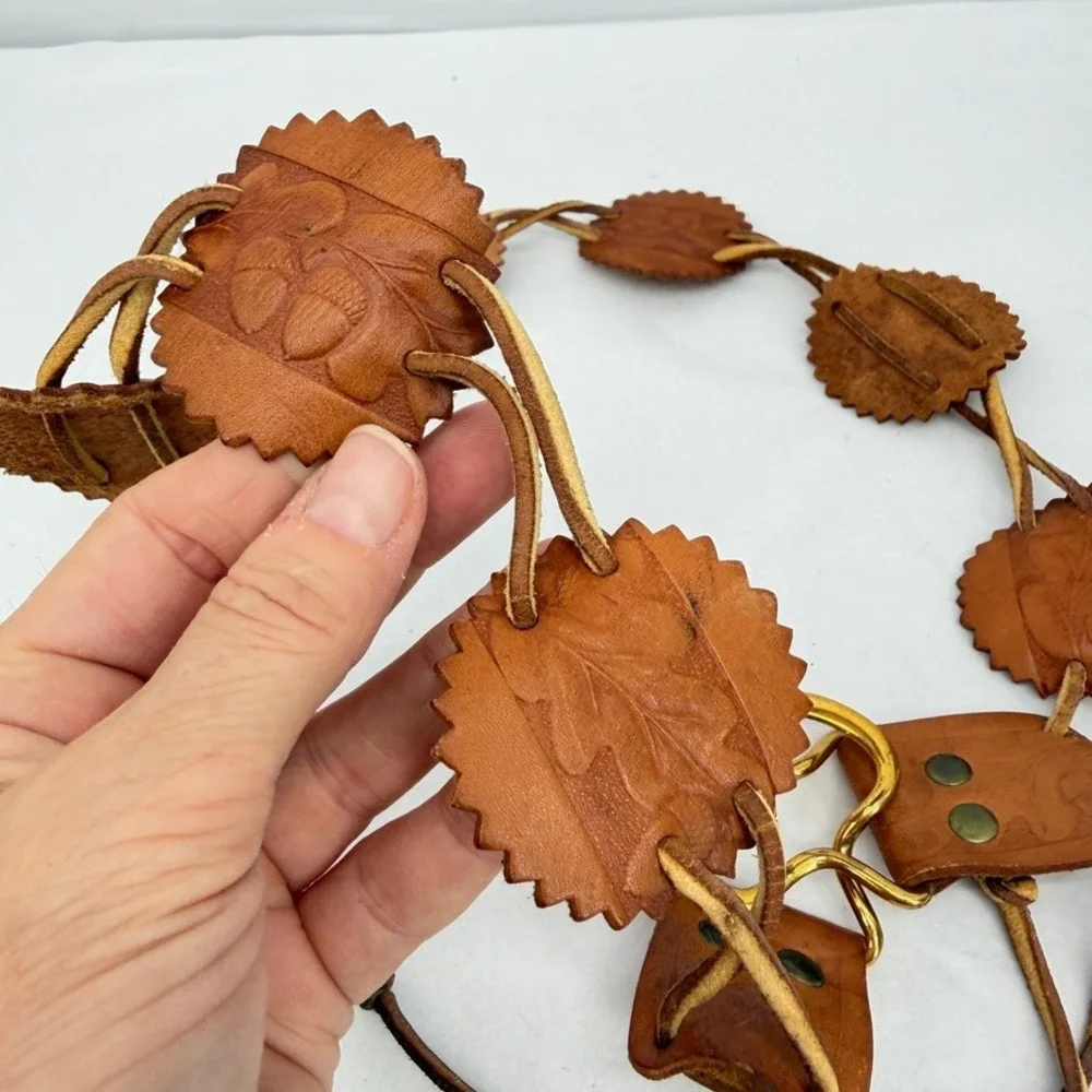 Leather Tooled Leaf Link Belt Gold Buckle Boho Western Hippie Festival SM/MD*
